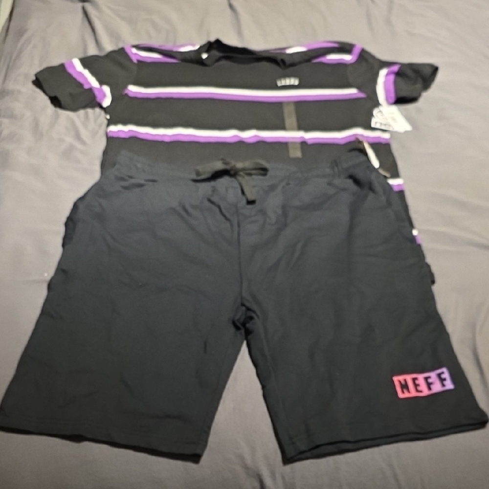 NEFF Black and Purple Striped T-Shirt and Shorts Set